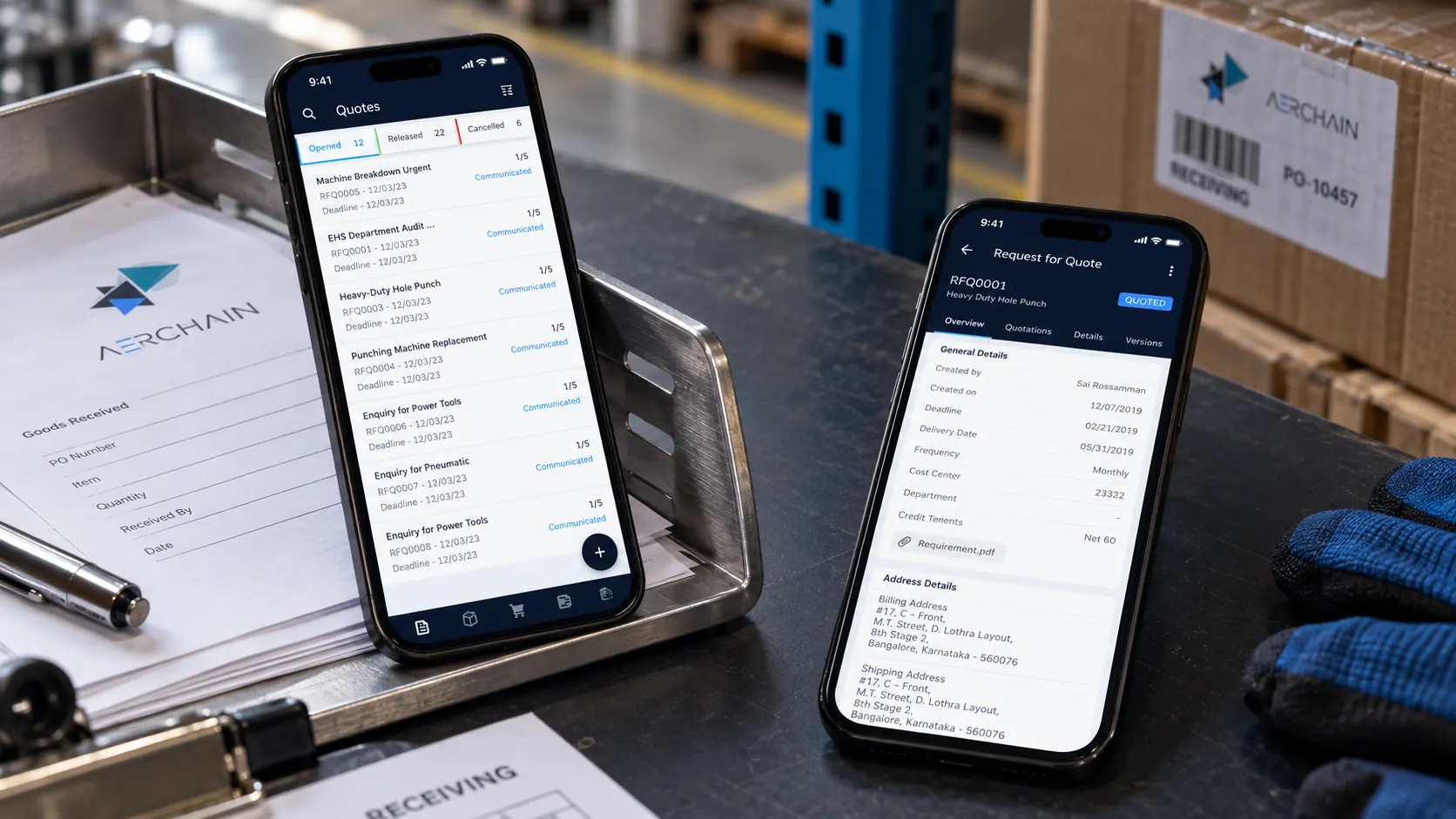 Aerchain quotation and requisition mobile workflows presented on two iPhones at a warehouse station.