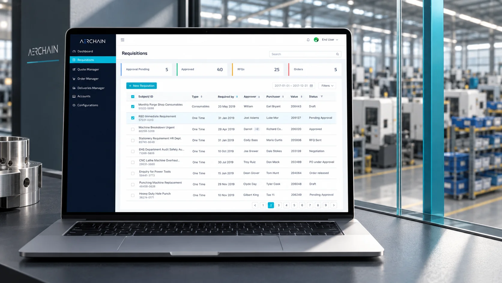 Aerchain procurement software mockup on a MacBook overlooking a manufacturing floor.