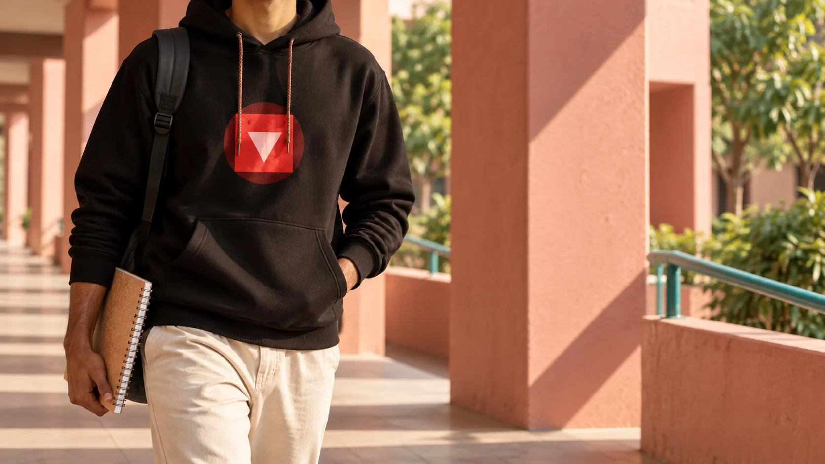 Caarya emblem on a black hoodie worn in a terracotta campus courtyard.
