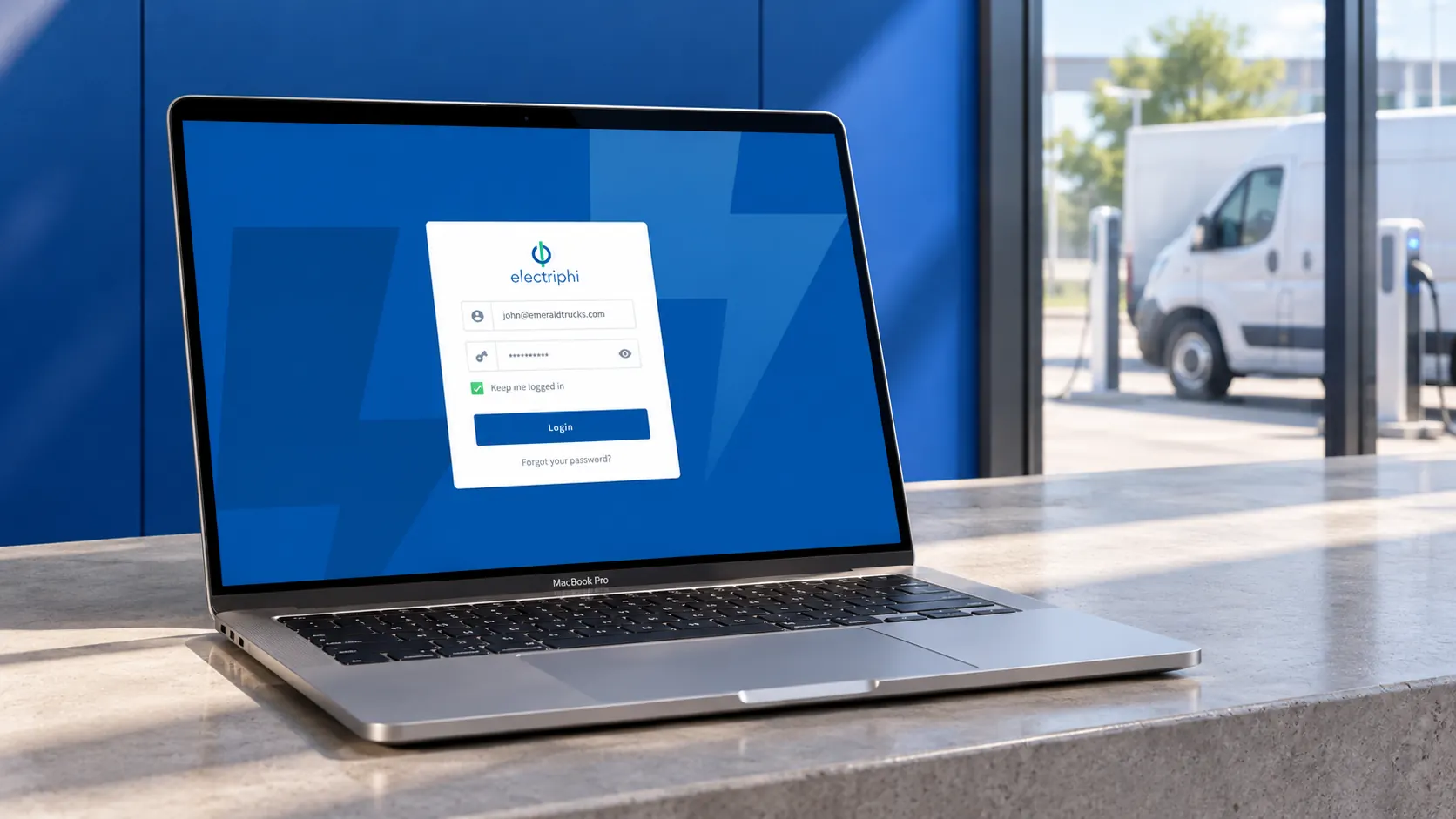 Electriphi sign-in mockup on a MacBook at an electric fleet depot reception.