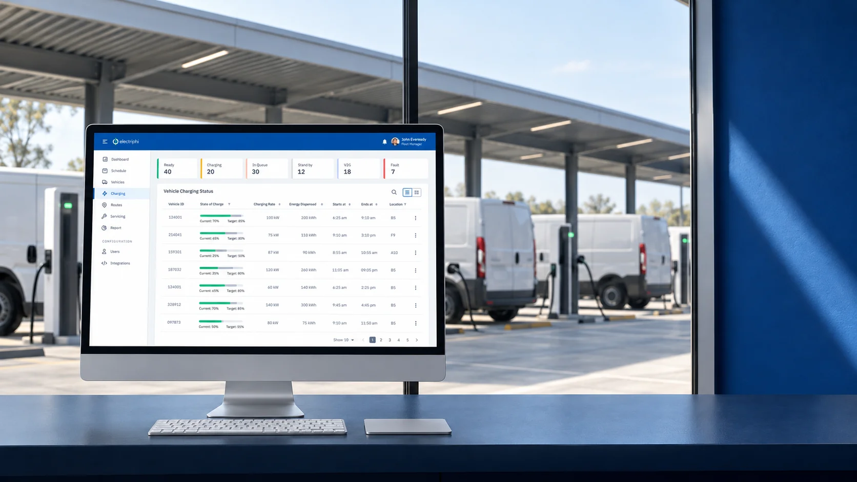 Electriphi mockup on a desktop overlooking an electric fleet charging depot.