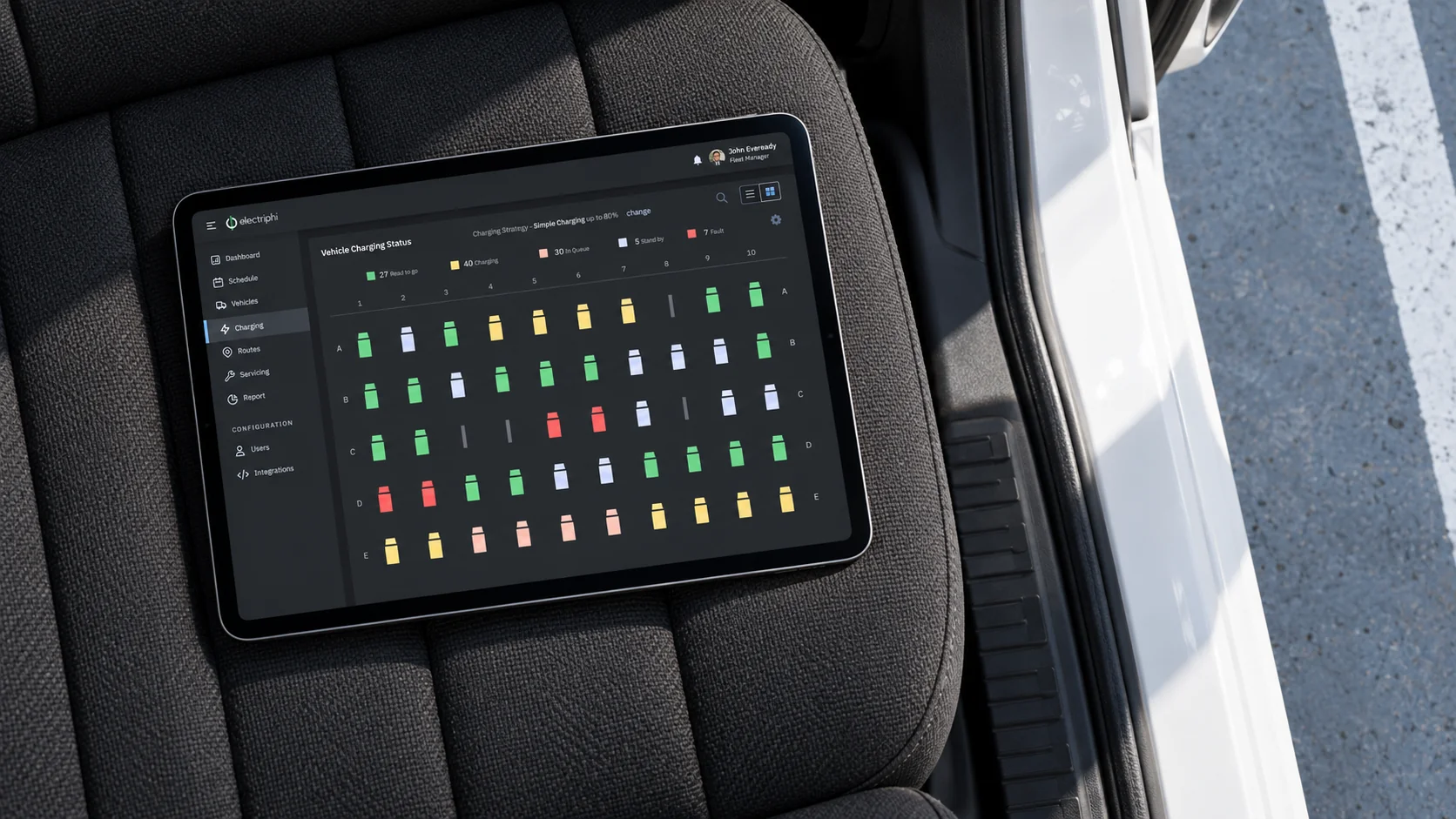 Electriphi charging dashboard on an iPad resting on a commercial van seat.
