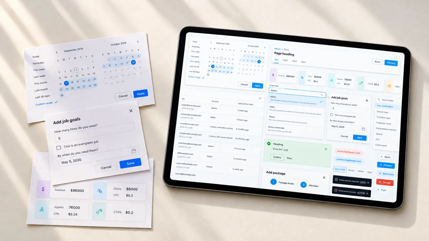 Joveo components presented on an iPad and physical design proof cards.