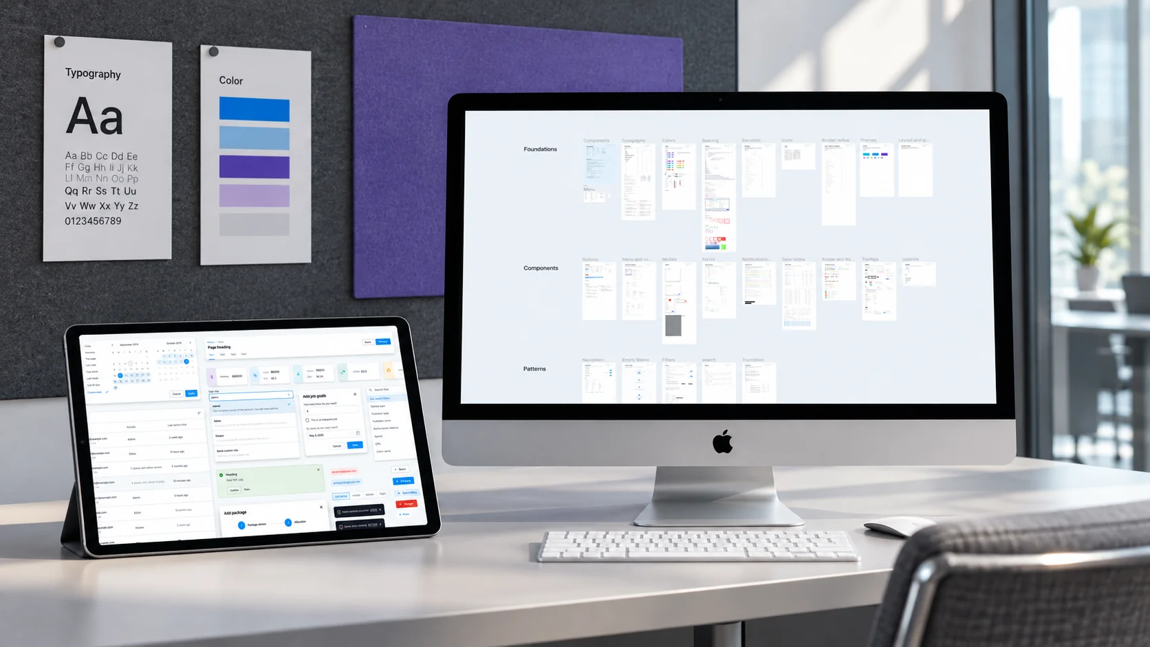 IRIS design system mockups across a desktop and iPad in a team workspace.